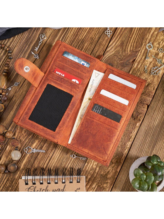 Δερμάτινο Γυναικείο Πορτοφόλι με RFID Vintage Keychain Πορτοκαλί