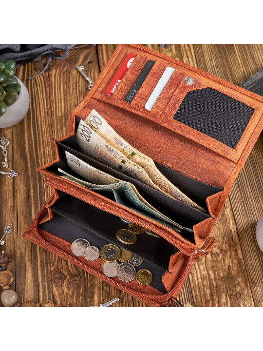 Δερμάτινο Γυναικείο Πορτοφόλι με RFID Vintage Keychain Πορτοκαλί