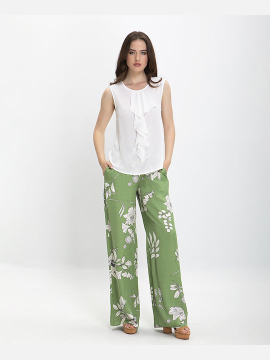 Pennyblack Women's Fabric Trousers with Elastic Floral GREEN