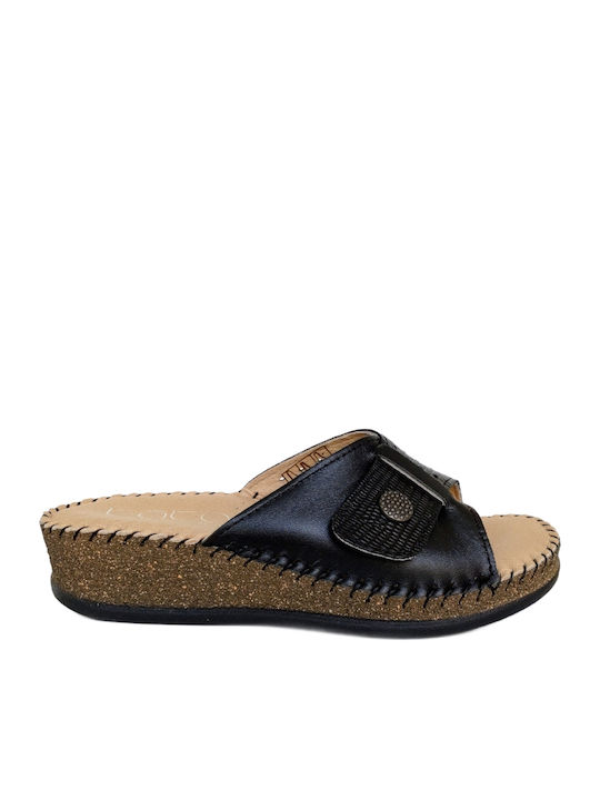 Leather Women's Flat Sandals Anatomic Flatforms in Black Color