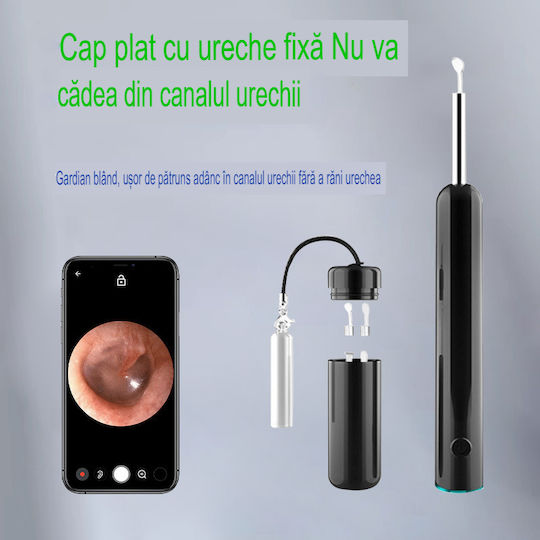 Endoscop inteligent de curățare a urechilor 5mp Full Hd Camera Led Lumina Wi-fi Accesorii incluse Kit de încărcare 350 Mah Baterie impermeabilă Ip67 negru