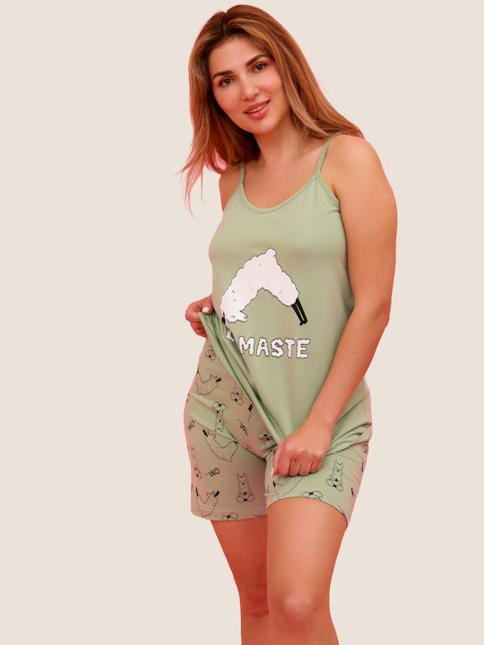 Happy Family Summer Women's Pyjama Set Cotton Green Color