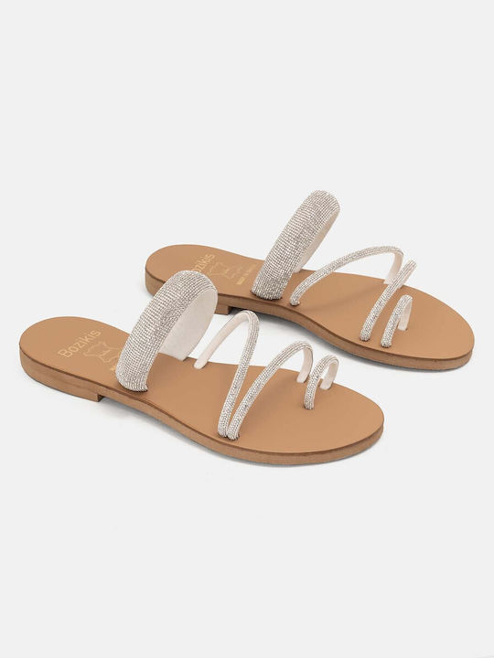 Bozikis Leather Women's Flat Sandals in Silver Color