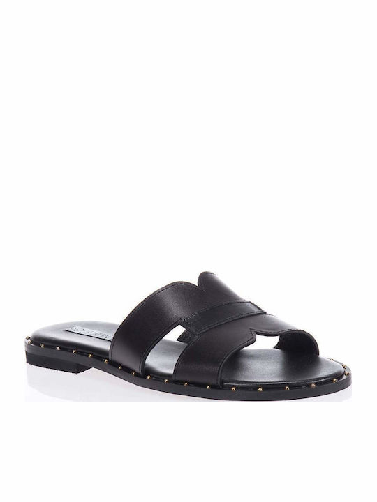 Leather Women's Flat Sandals in Black Color