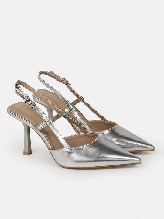 Open Heel Pointed Pumps Thin Heel Silver