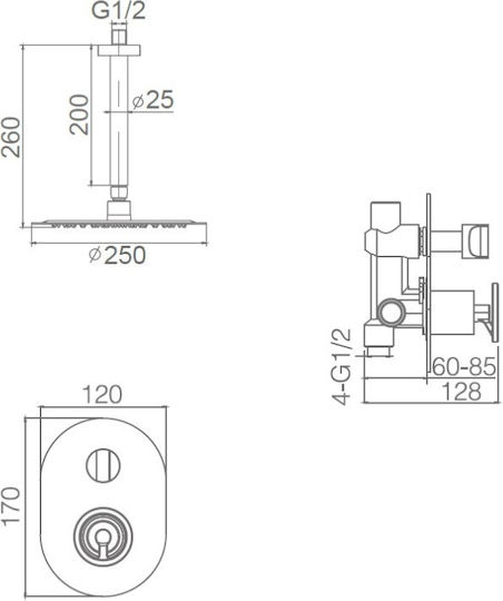 Imex Vesubio Built-in Mixer, Hand Shower & Shower Head Set for Shower 2 Exits Gold