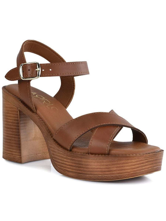 Harris Leather Women's Sandals Tabac Brown with High Heel