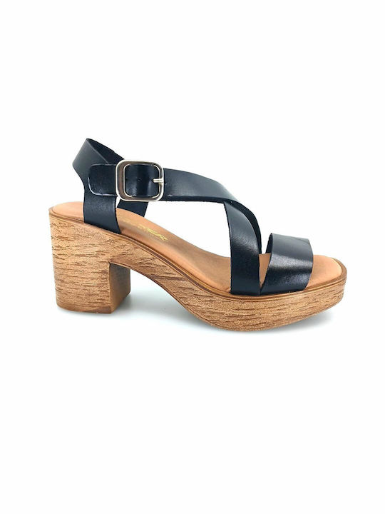 Boxer Leather Women's Sandals Black with Medium Heel