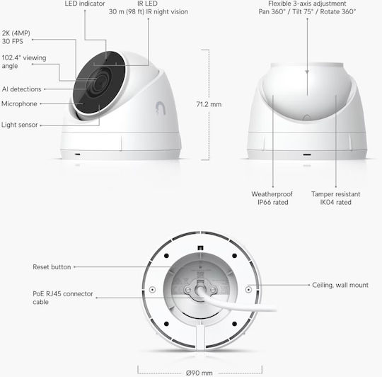 Ubiquiti G5 Turret IP Κάμερα Παρακολούθησης Full HD+ 4MP Αδιάβροχη με Μικρόφωνο και Φακό 2.4mm