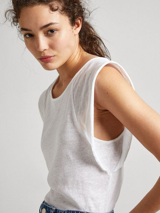 Pepe Jeans Women's Summer Blouse Linen Sleeveless White