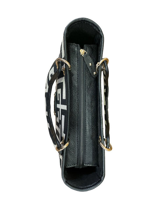 Hero Δερμάτινη Γυναικεία Τσάντα Tote Χειρός Black / Beige Labyrinth