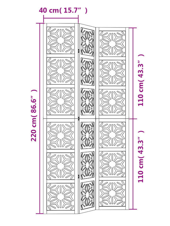 vidaXL Decorativ Paravan Lemn cu 3 Panouri 105x220cm
