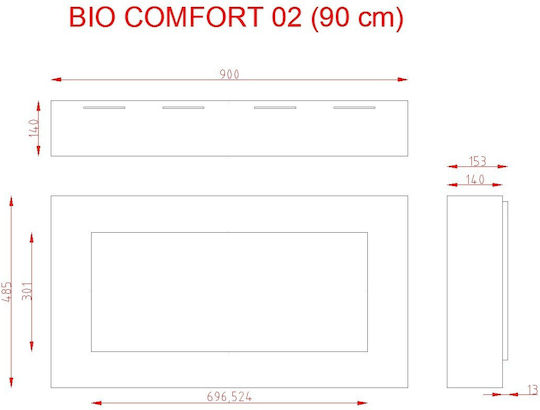 EcoHot Βio Comfort 02 Wandmontiert Bioethanol Kamine Innenbereich Black Velvet-Black Metal 90x15x48cm