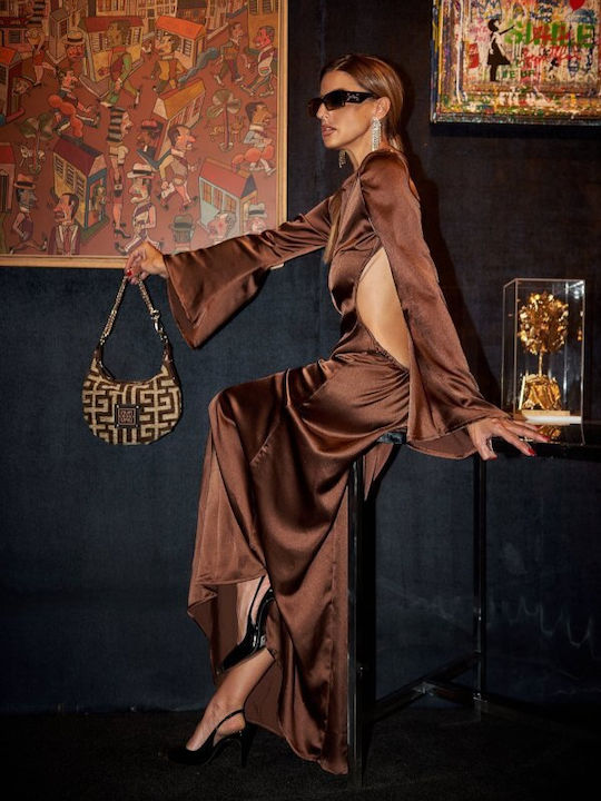 Iris Δερμάτινη Γυναικεία Τσάντα Ώμου Dark Brown Beige Chenille Labyrinth