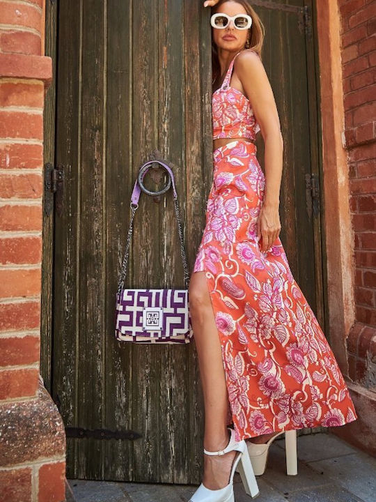 Rhea Δερμάτινη Γυναικεία Τσάντα Χιαστί Beige Purple Labyrinth