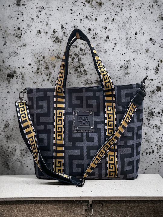 Calypso II Δερμάτινη Γυναικεία Τσάντα Shopper Ώμου Grey Black Labyrinth