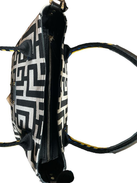 Sophia Δερμάτινη Γυναικεία Τσάντα Tote Χειρός Beige Black Labyrinth