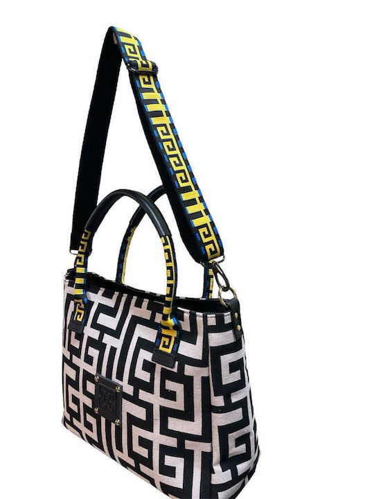 Sophia Δερμάτινη Γυναικεία Τσάντα Tote Χειρός Beige Black Labyrinth