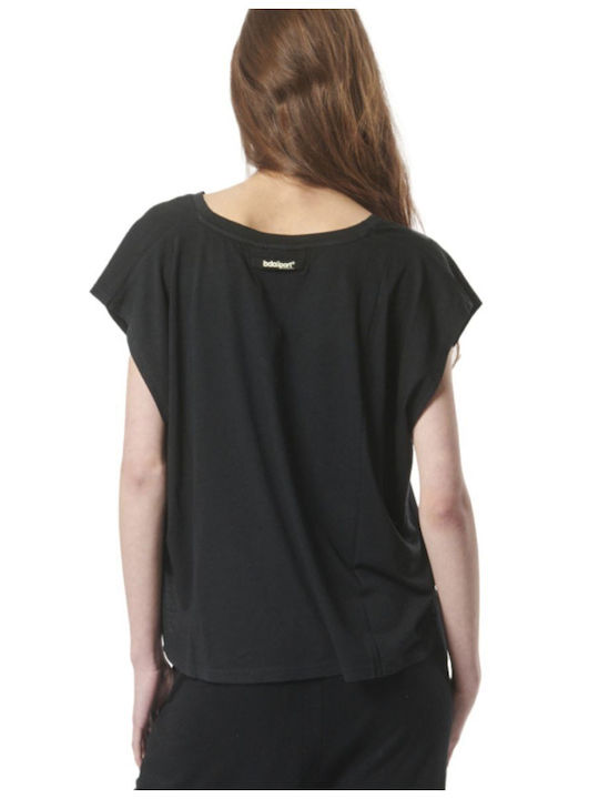 Body Action Damen Bluse Baumwolle Kurzärmelig mit V-Ausschnitt Black