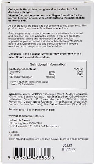 Holland & Barrett Skin Liquid Collagen 5000мг с Витамин C 30мл 10 сашета Портокал