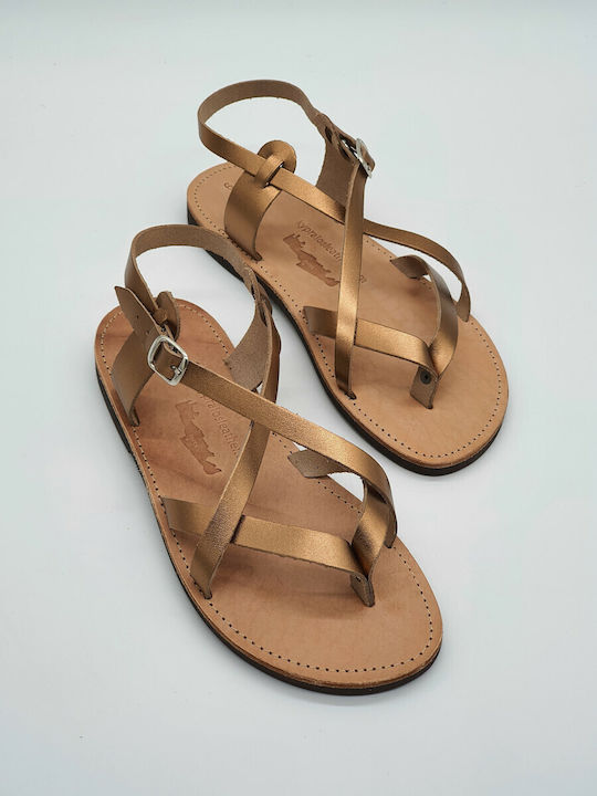 Kypraiosleather Leather Women's Flat Sandals in Gold Color