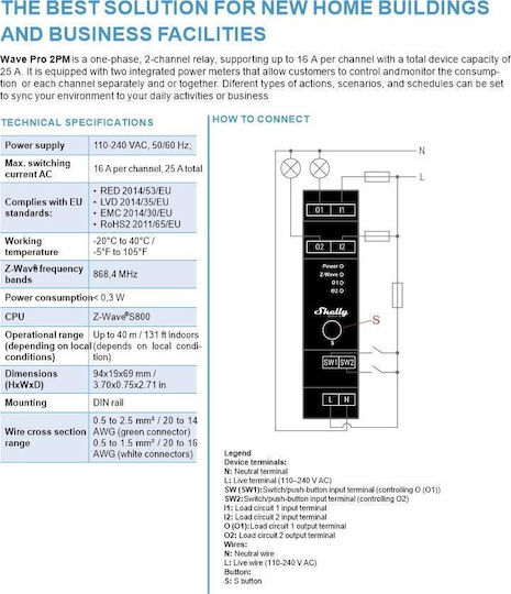 Shelly Qubino Wave Pro 2PM Smart Z-Wave Rail Relay 2 Contacts 16A (25 Total) With Consumption Measurement