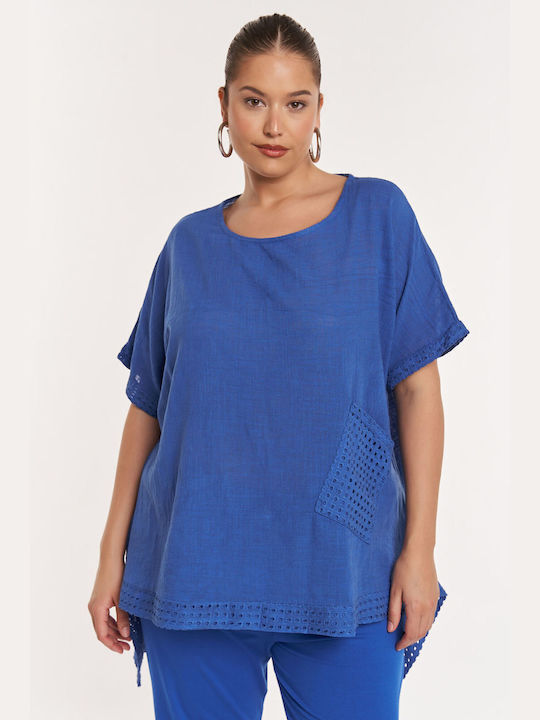 Jucita Damen Bluse Baumwolle Kurzärmelig Blue