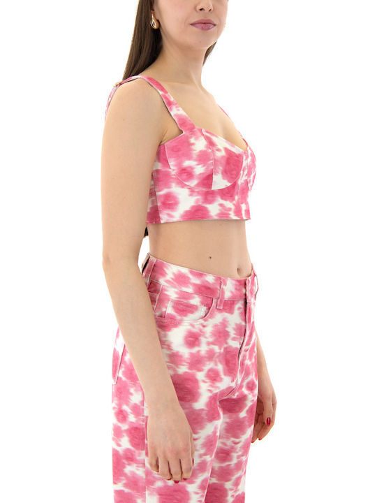 Women's Crop Top Cotton with Zipper Floral Ekru - Fuxia