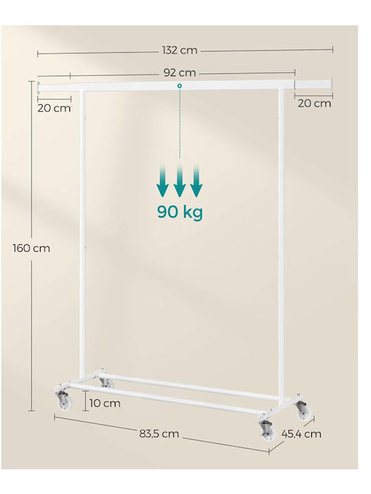 Songmics Wheeled Floor Garment Rack made of Metal White 132x45.4x160cm