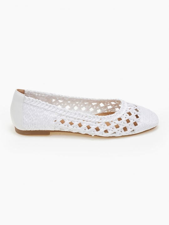 Woven Design Straw Ballerinas White