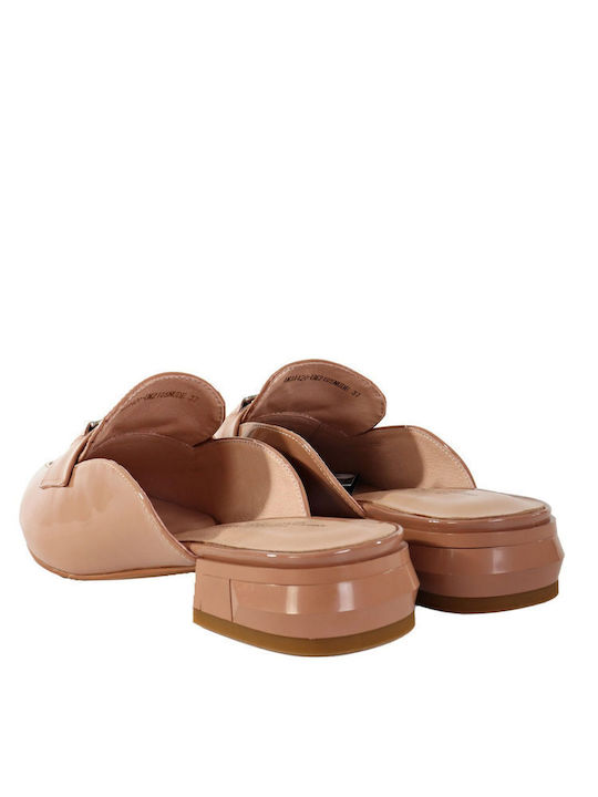 Flat Mules from Patent Leather in Beige Color