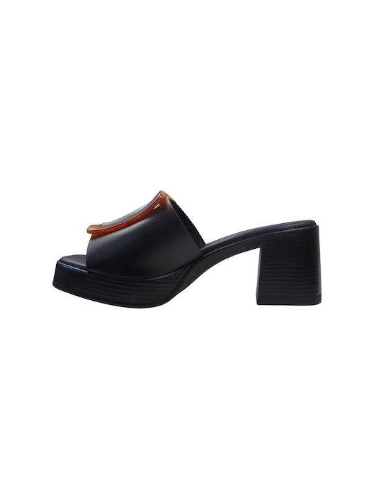 Fresia Heel Leather Mules Black