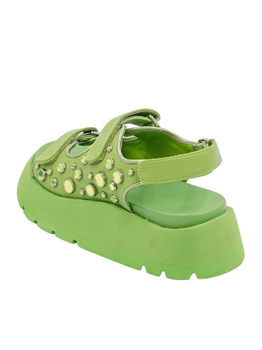 Leather Women's Flat Sandals Sporty in Green Color