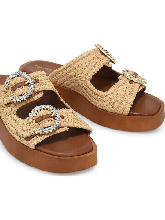 Leder Flache Sandalen für Damen Flatforms in Beige Farbe