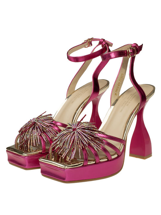 19V69 Platform Leather Women's Sandals Fuchsia with High Heel