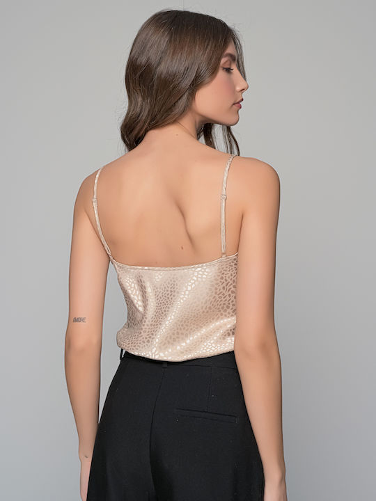 Women's Blouse Satin with Straps & V Neckline Beige