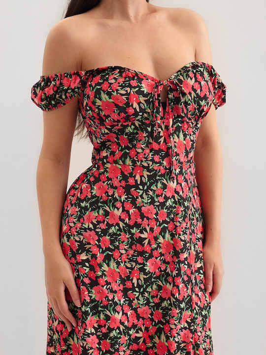 Semine Red Maxi Floral Dress with Slit