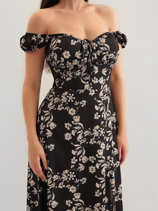 Simene Black Floral Maxi Dress with Slit