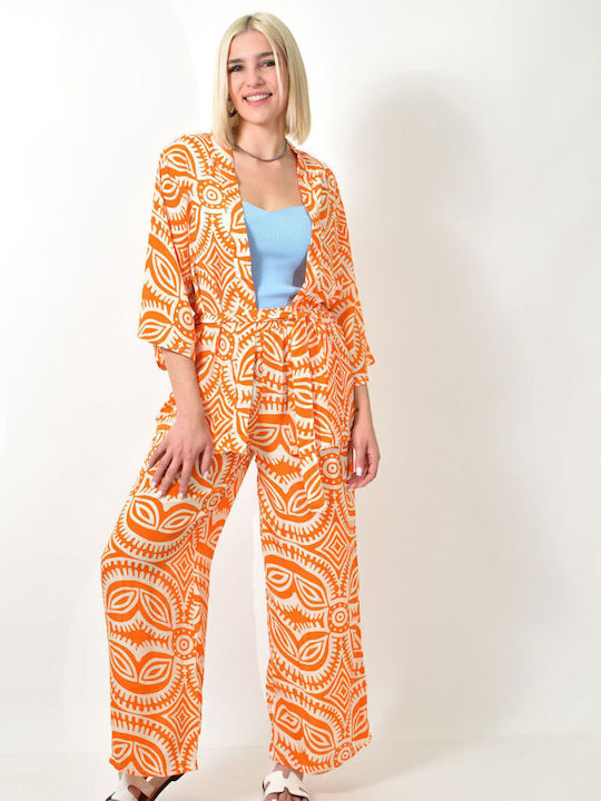 Set Kimono Bedruckte Hose Orange 23818