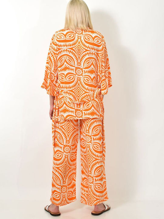 Set Kimono Bedruckte Hose Orange 23818