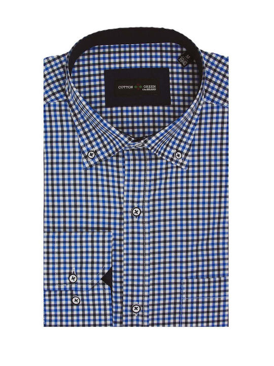 Cotton Green Men's Shirt Long Sleeve Cotton Checked Plaid Blue