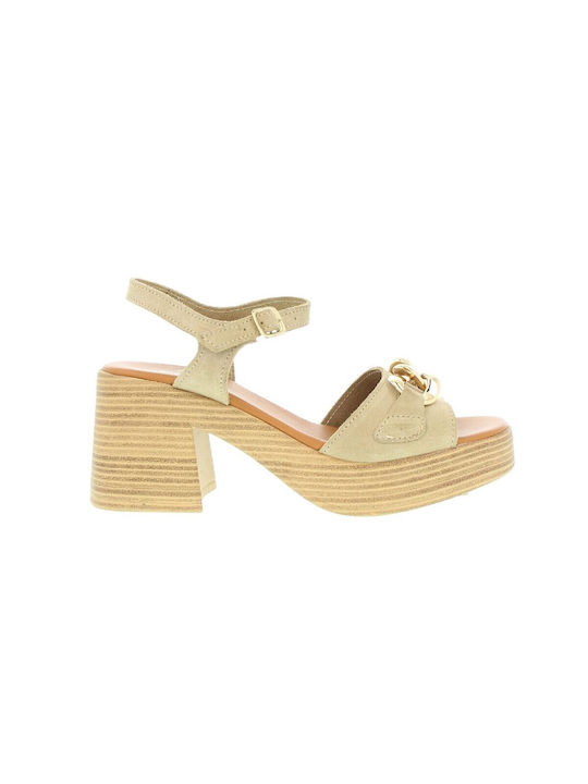 Emanuele Leder Damen Sandalen Anatomisch mit mittlerem Absatz in Beige Farbe