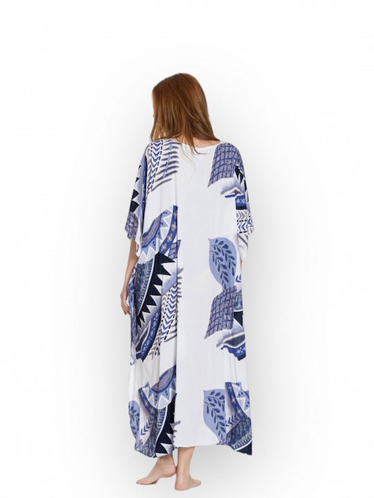 Viscose Ruffled Kaftan 651 White-Blue