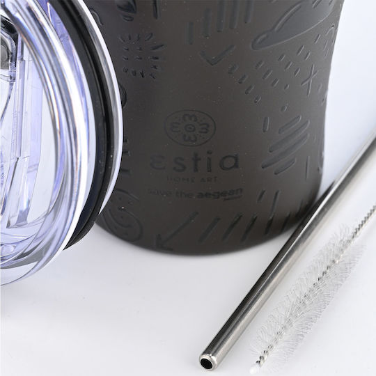 Estia Coffee Mug Save The Aegean Glass Thermos Stainless Steel BPA Free 350ml Noir Echo with Straw