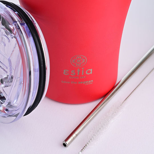 Estia Coffee Mug Save The Aegean Recyclable Glass Thermos Stainless Steel BPA Free 350ml Scarlet Red with Straw