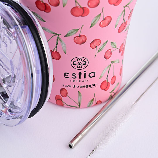 Estia Coffee Mug Save The Aegean Ανακυκλώσιμο Ποτήρι Θερμός Ανοξείδωτο BPA Free 350ml Cherry Rose με Καλαμάκι