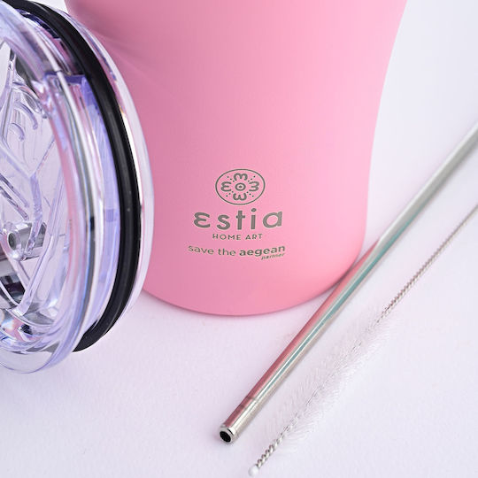 Estia Coffee Mug Save The Aegean Recyclable Glass Thermos Stainless Steel BPA Free 350ml Blossom Rose with Straw