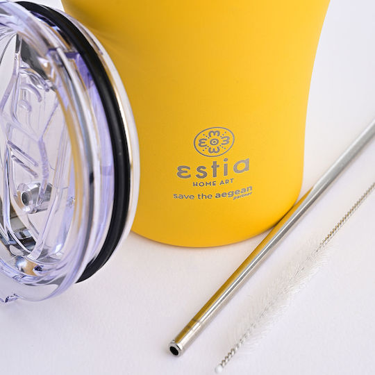 Estia Coffee Mug Save The Aegean Recyclable Glass Thermos Stainless Steel BPA Free 350ml Pineapple Yellow with Straw