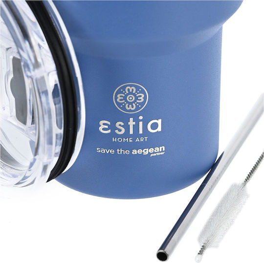 Estia Coffee Mug Lite Save The Aegean Recyclable Glass Thermos Stainless Steel BPA Free 400ml Denim Blue with Straw
