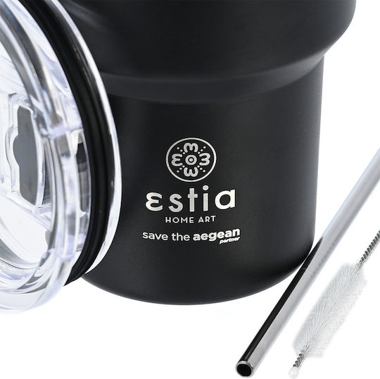 Estia Coffee Mug Lite Save the Aegean Recyclable Stainless Steel Thermos Glass BPA Free 400ml Midnight Black with Straw